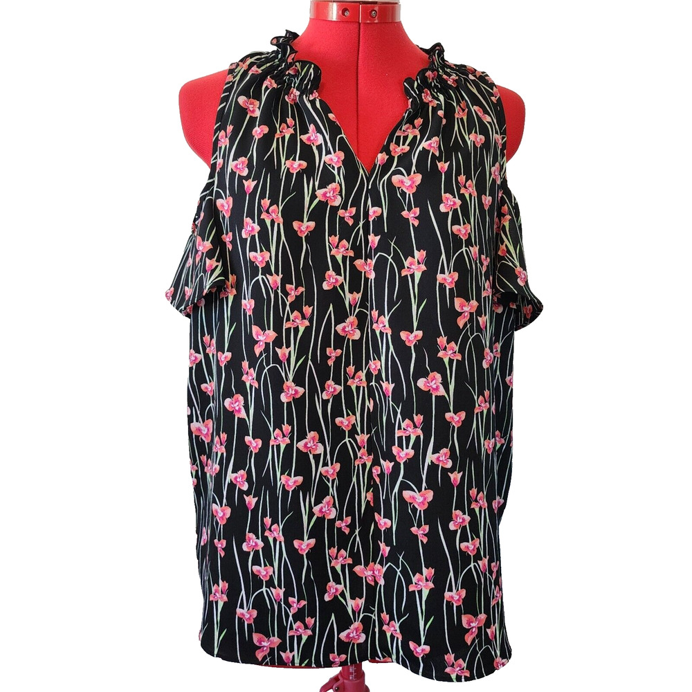 CHARTER CLUB Black Floral Cut Out Shoulder Short Sleeve Lightweight Blouse Size